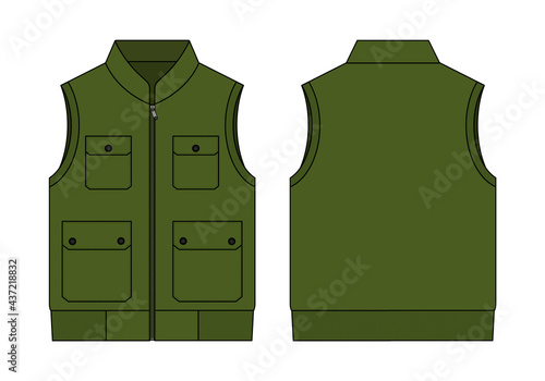 Flat Olive Green Vest With Multiple Pockets Vector For Template.Front and Back Views.