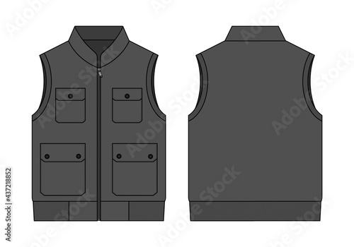 Gray Vest with Multiple Pockets Template on White Background. Front and Back Views, Vector File.