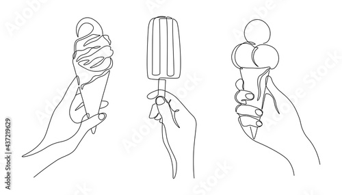 One line ice cream. Continuous line summer cold desserts, female hand holding sweet popsicle. Vector trendy monoline concept