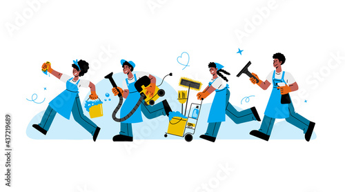 African american janitors team in rubber glove and uniform run to clean up house and office room.Vector illustration.