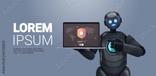 modern black robot cyborg holding laptop with protection shield cyber security data protection artificial intelligence