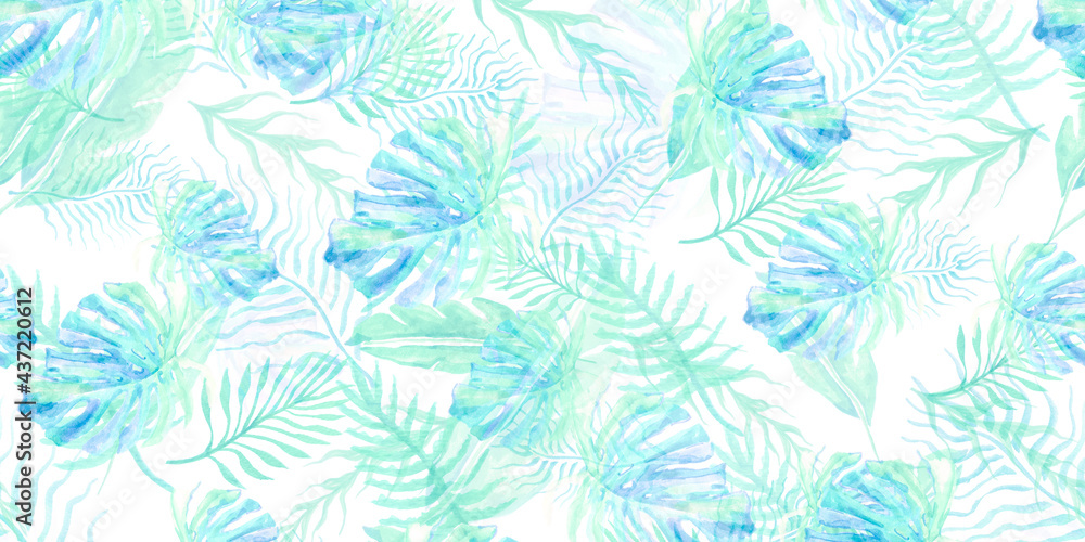 Fototapeta Plant Pattern Wallpaper. Jade Leaf Background Watercolor. Mint Flowing Leaves. Hawaiian Print Designs. Tropical Banana Trees. Lime Pale Palm Texture Illustration.