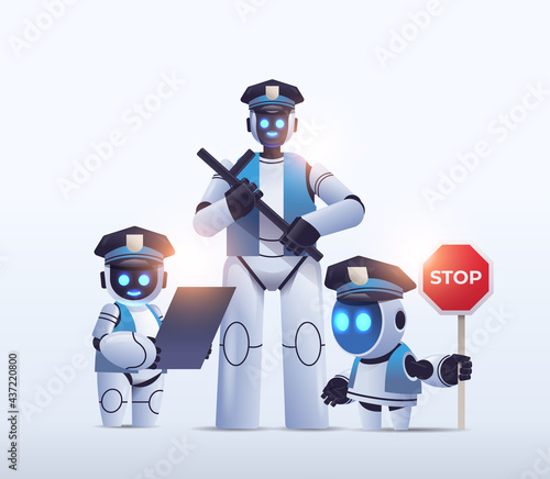 police robots patrol cops in uniform standing together artificial intelligence technology concept