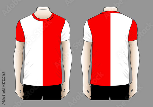 Sport T-Shirt Half Colors White-Red Design Vector.Front And Back View.