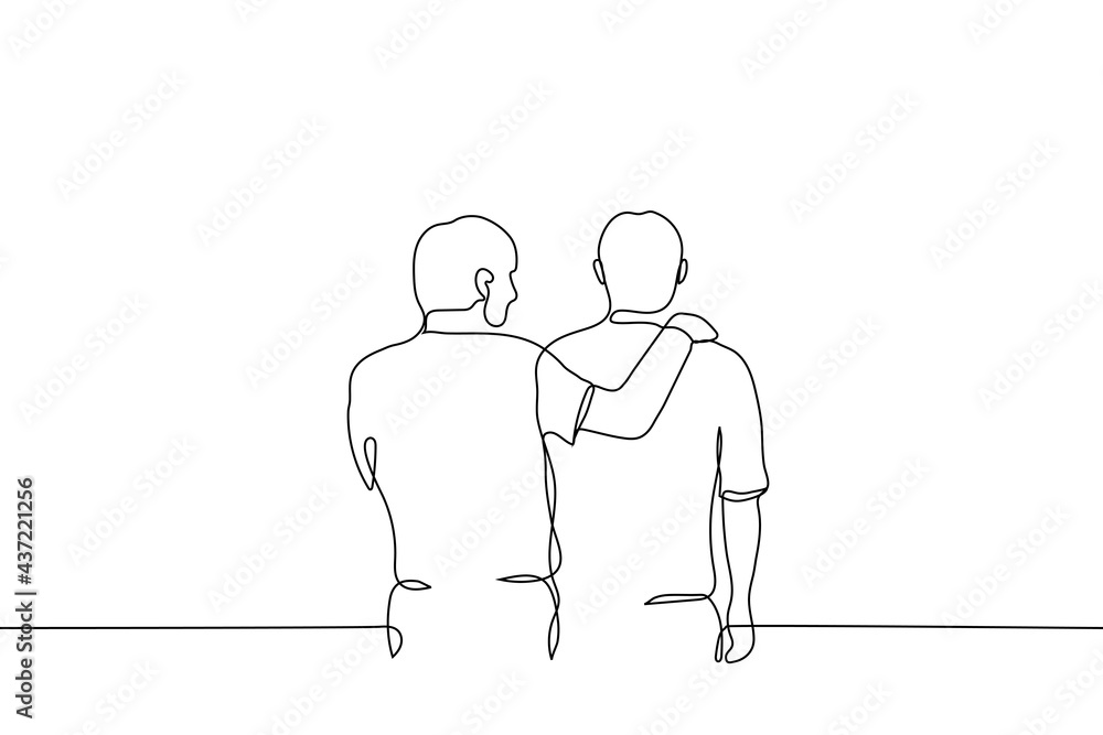 man looks at a friend with his hand on his shoulders - one line drawing. the concept of friendship, emotional support, comfort someone,
