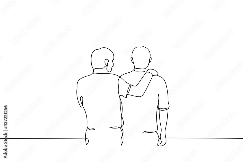 man looks at a friend with his hand on his shoulders - one line drawing. the concept of friendship, emotional support, comfort someone, man looks at a friend with his hand on his shoulders - one line drawing. the concept of friendship, emotional support, comfort someone,