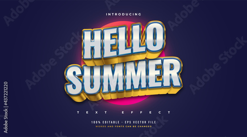 Hello Summer Text in Blue and Gold with 3D Embossed and Wavy Effect. Editable Text Style Effect