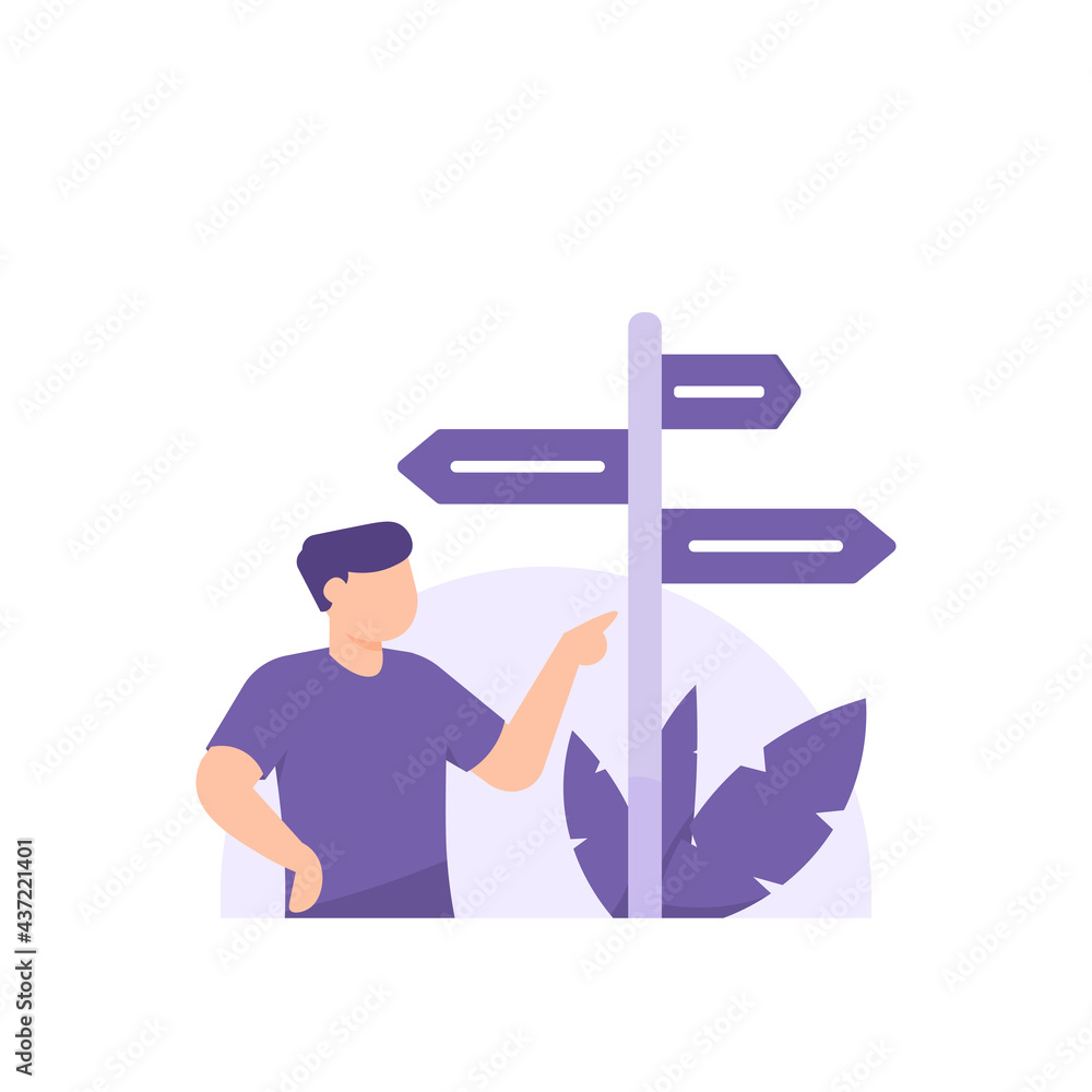 make and choose decisions. choice and future goal. directions or guides. illustration of man thinking of choosing the right path. flat style. vector design make and choose decisions. choice and future goal. directions or guides. illustration of man thinking of choosing the right path. flat style. vector design