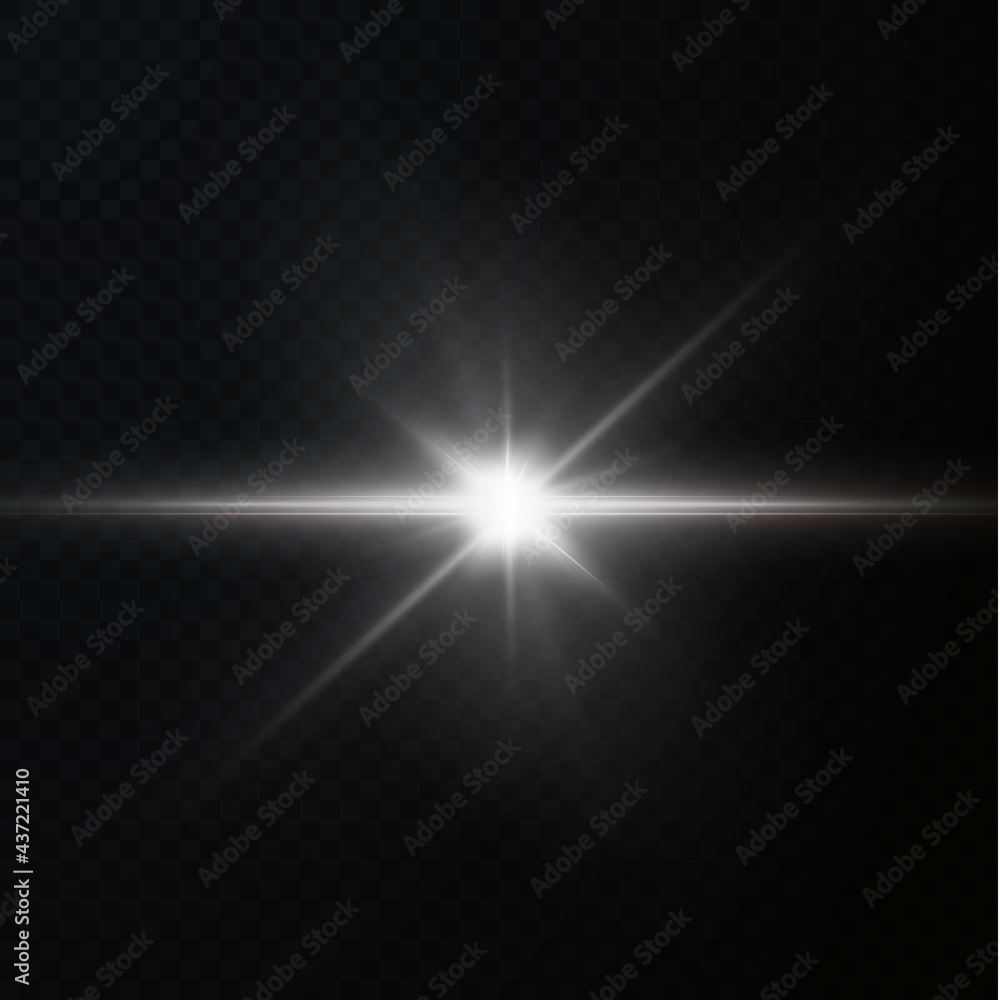 Abstract transparent sunlight special lens flare light effect. Vector blur in motion glow glare. Isolated transparent background. Decor element. Horizontal star burst rays and spotlight.	