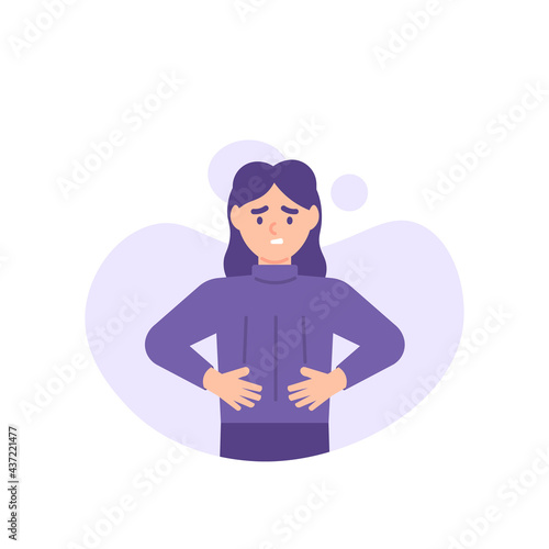 illustration of a woman whose stomach rumbles or sounds because he is hungry. holding his stomach. experiencing stomach or ulcer pain. flat style. vector design