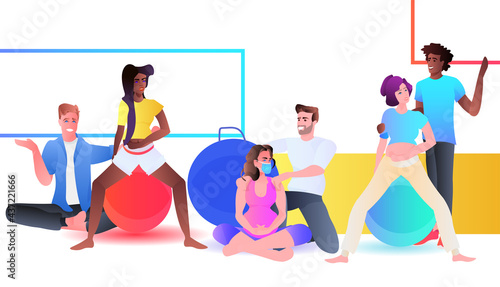 pregnant women in masks doing physical exercises on fitball with mix race personal trainers pregnancy healthy lifestyle concept horizontal full length vector illustration