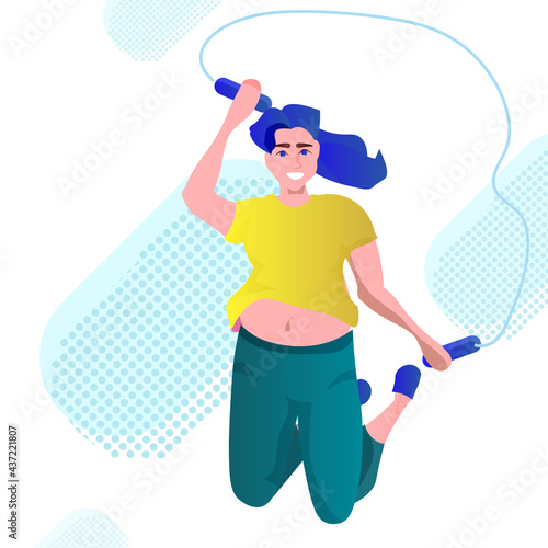 fat obese woman doing exercises with jumping rope overweight girl training workout weight loss concept