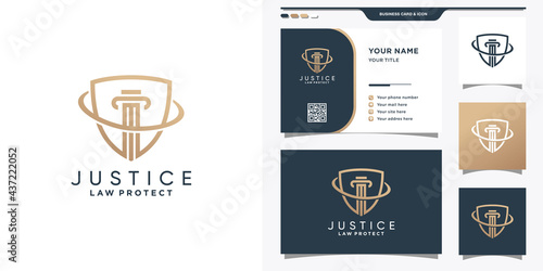 Justice law logo combined with shield and business card design. Premium Vector