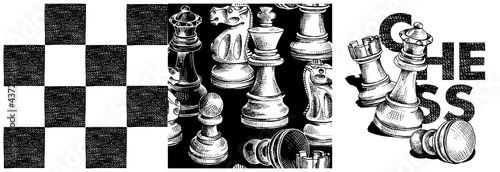 Collection of print and seamless pattern. Chess figures on a checkered background. Textile composition, hand drawn style print. Vector black and white illustration. 