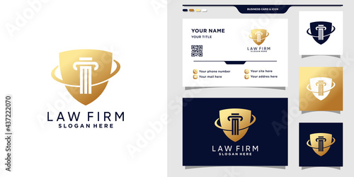 Symbol of law logo with shield and business card design. Preimum Vector