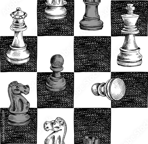Seamless wallpaper pattern. Chess figures on a checkered background. Textile composition, hand drawn style print. Vector black and white illustration. 