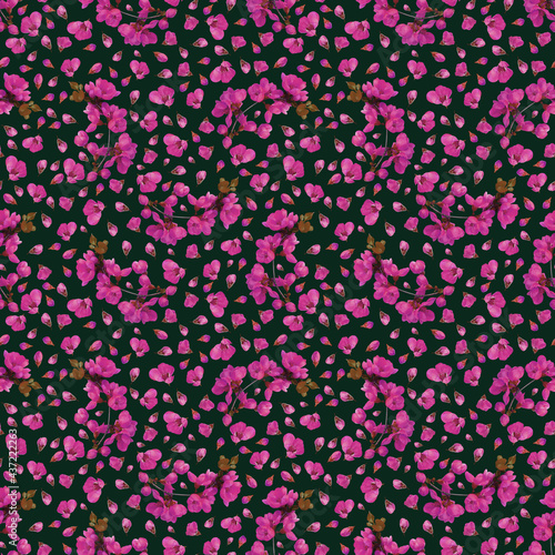 Seamless pattern of bright spring flowers and twigs on a dark background