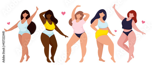 Happy plus size multicultural women standing different poses. Body positive movement. Women with different figure types isolated on white. Healthy and active lifestyle. Flat style vector illustration.