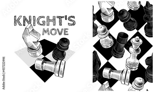 Collection of one print and one seamless pattern. Chess figures on a chessboard. Textile composition, hand drawn style print. Vector black and white illustration. 