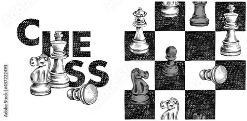Collection of print and seamless pattern. Chess figures on a checkered background. Textile composition, hand drawn style print. Vector black and white illustration. 