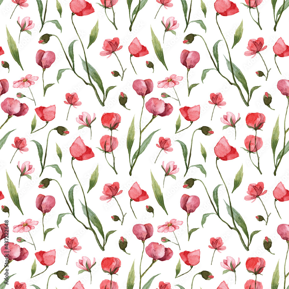 Seamless pattern with hand painted watercolor wild flowers