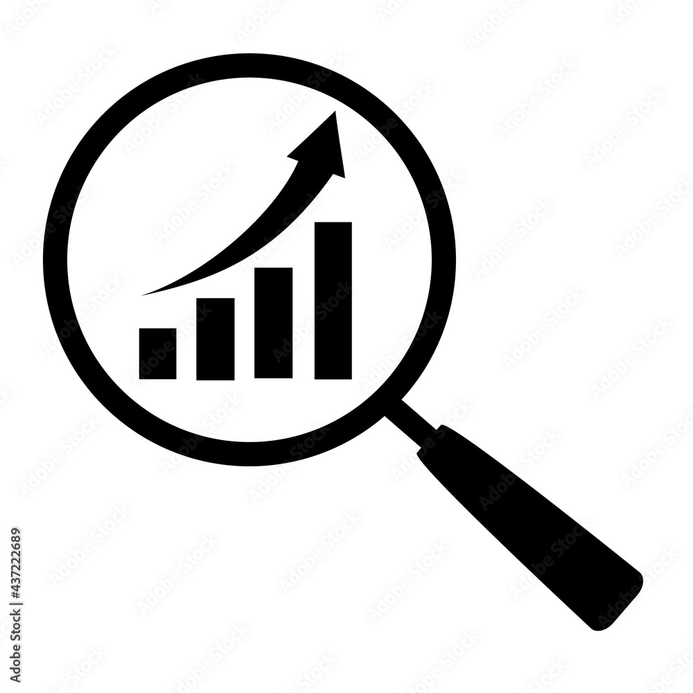 Monitoring Icon Information Search Growing Graph through Magnifier Market Research black on white background isolated market growth data financial vector illustration Monitoring Icon Information Search Growing Graph through Magnifier Market Research black on white background isolated market growth data financial vector illustration