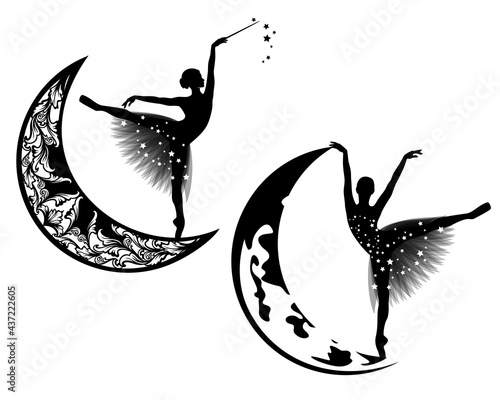 graceful ballerina girl with magic wand standing on pointe shoe on a crescent moon - night time fairy tale godmother figure vector silhouette