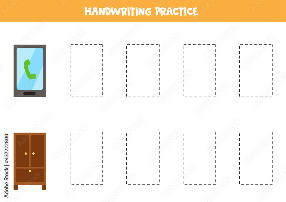 Trace contours of cute rectangle objects. Writing practice. Trace contours of cute rectangle objects. Writing practice.