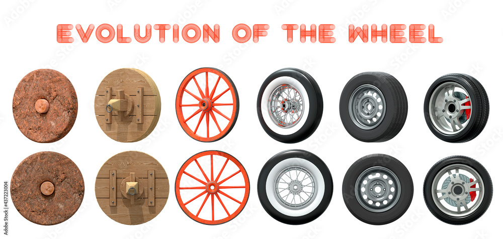 The evolution of the wheel, from a primitive stone disk to a car alloy wheel The evolution of the wheel, from a primitive stone disk to a car alloy wheel