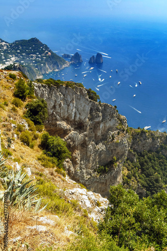 View of the sea and cliffs from the summit of Mount Solaro above Anacapri on the Isle of Capri.