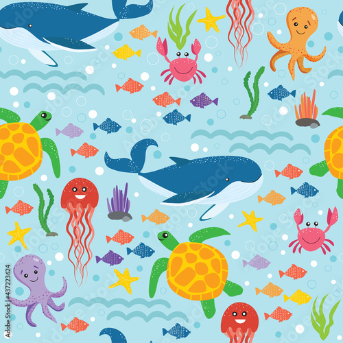 Animals under water, marine life seamless pattern. Cute sea creatures. Octopus, fish, starfish, jellyfish, whale, crab. Children's wallpaper. Vector illustration.