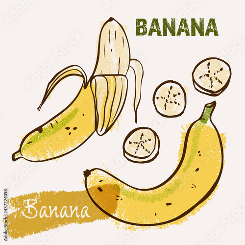 Banana line art and color hand-drawn vector illustration. Rough crayon strokes doodle in an expressive loose coloring book style