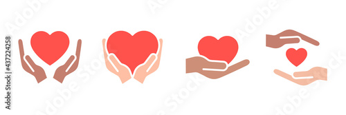 Heart with hands colorful icons set. Multicultural human assistance and support symbols collection. Voluntary signs. St. Valentine Day concept. Vector isolated on white background