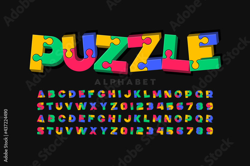 Puzzle game style 3d font, jigsaw puzzle alphabet letters and numbers, vector illustration