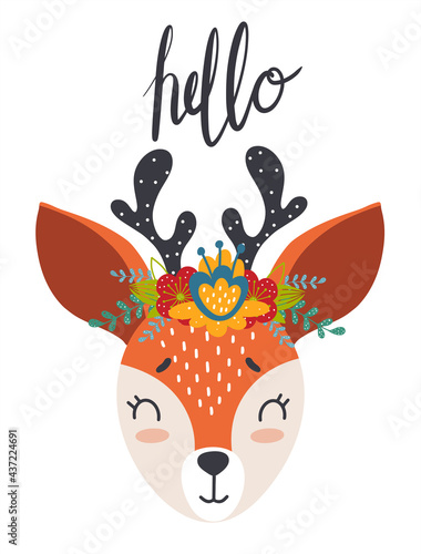 Cute fawn with flower wreath in scandinavian style