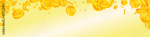 Chinese yuan coins falling. Classic scattered CNY coins. China money. Noteworthy jackpot, wealth or success concept. Vector illustration.