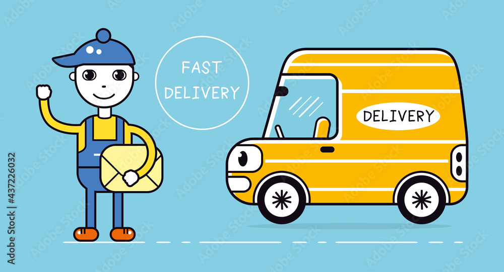 Courier man holding parcel box or envelope and delivery van Courier man holding parcel box or envelope and delivery van