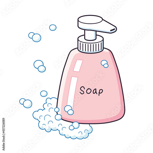 Pink liquid soap bottle with foam isolated