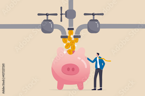 Multiple streams of income, passive income or revenue from invest in multi assets, side hustles to make money concept, rich businessman standing with multi cash flow from pipe into wealthy piggy bank.
