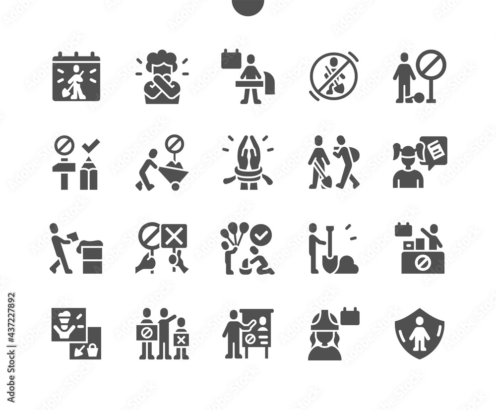 World Day Against Child Labour 12 June. Mass protests. Calendar. Twelfth of june. Children work. Conferences. Child protection. Vector Solid Icons. Simple Pictogram World Day Against Child Labour 12 June. Mass protests. Calendar. Twelfth of june. Children work. Conferences. Child protection. Vector Solid Icons. Simple Pictogram