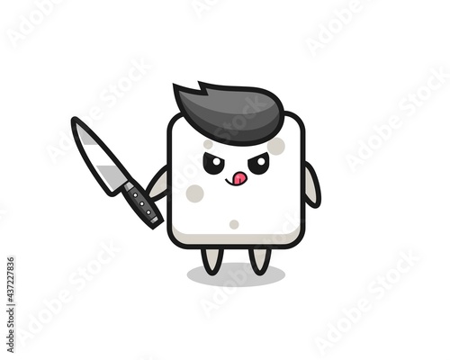 cute sugar cube mascot as a psychopath holding a knife