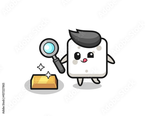 sugar cube character is checking the authenticity of the gold bullion