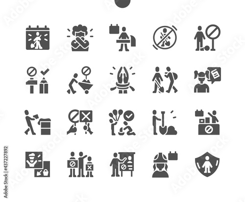 World Day Against Child Labour 12 June. Mass protests. Calendar. Twelfth of june. Children work. Conferences. Child protection. Vector Solid Icons. Simple Pictogram