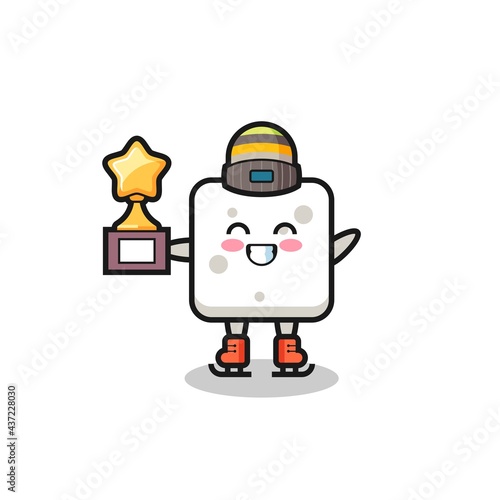 sugar cube cartoon as an ice skating player hold winner trophy