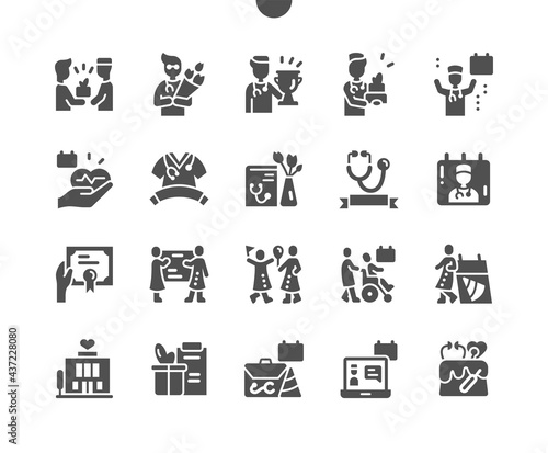 Medical worker Day in June. Congratulations doctor. Calendar. Festive cake. Doctor bag. Presents and award. Medicine book. Vector Solid Icons. Simple Pictogram