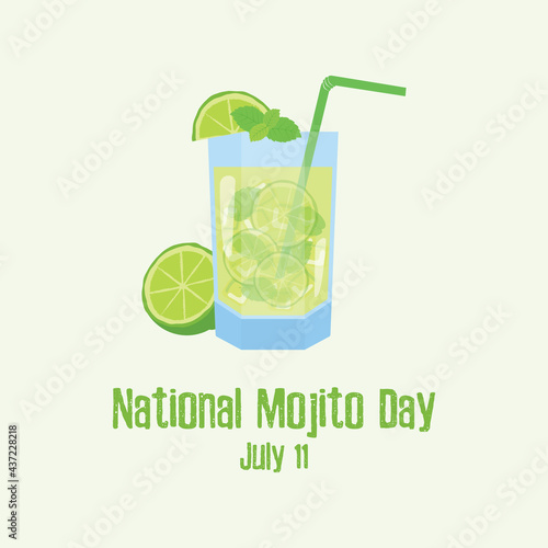National Mojito Day vector. Glass of mojito with lime and mint icon vector. Mojito Day Poster, July 11. Important day