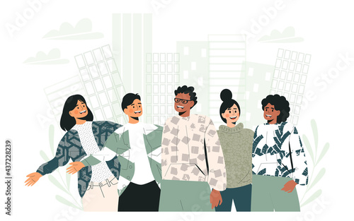 Happy friendship day web banner. Young people walking in green eco city, ecological urban landscape. Unity in diversity. Diverse group of friends hugging together. Flat vector cartoon illustration