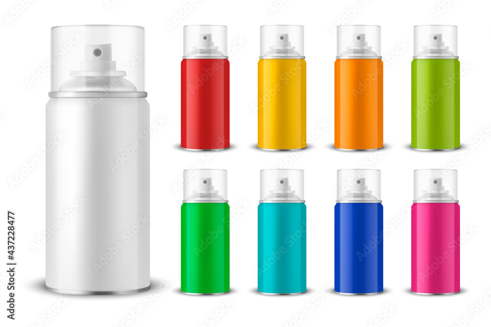 Vector 3d Realistic Aluminum Blank Spray Can, Bottle, Transparent Lid Set Isolated. Design Template, Sprayer Can, Mock up, Package, Advertising, Hairspray, Deodorant Vector 3d Realistic Aluminum Blank Spray Can, Bottle, Transparent Lid Set Isolated. Design Template, Sprayer Can, Mock up, Package, Advertising, Hairspray, Deodorant