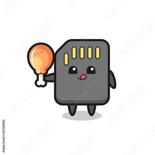 sd card cute mascot is eating a fried chicken