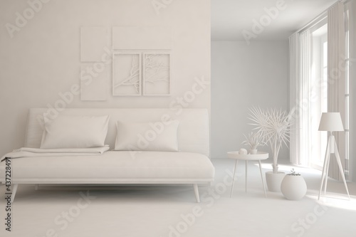 White minimalist living room with sofa. Scandinavian interior design. 3D illustration